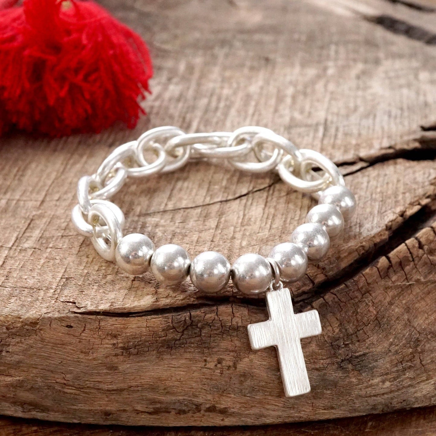 Chunky Chain and Beads Cross Bracelet Worn Gold Silver Tone