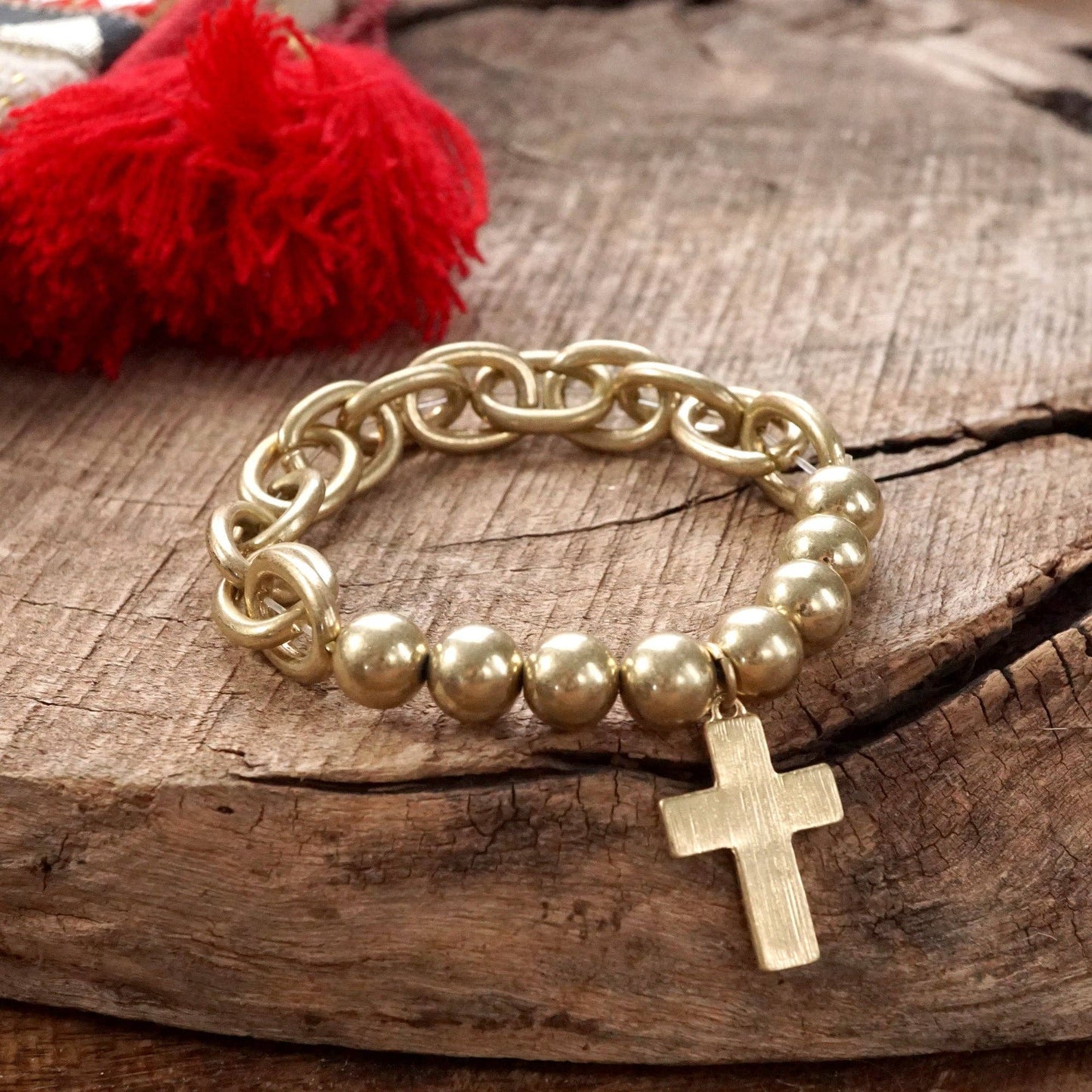 Chunky Chain and Beads Cross Bracelet Worn Gold Silver Tone