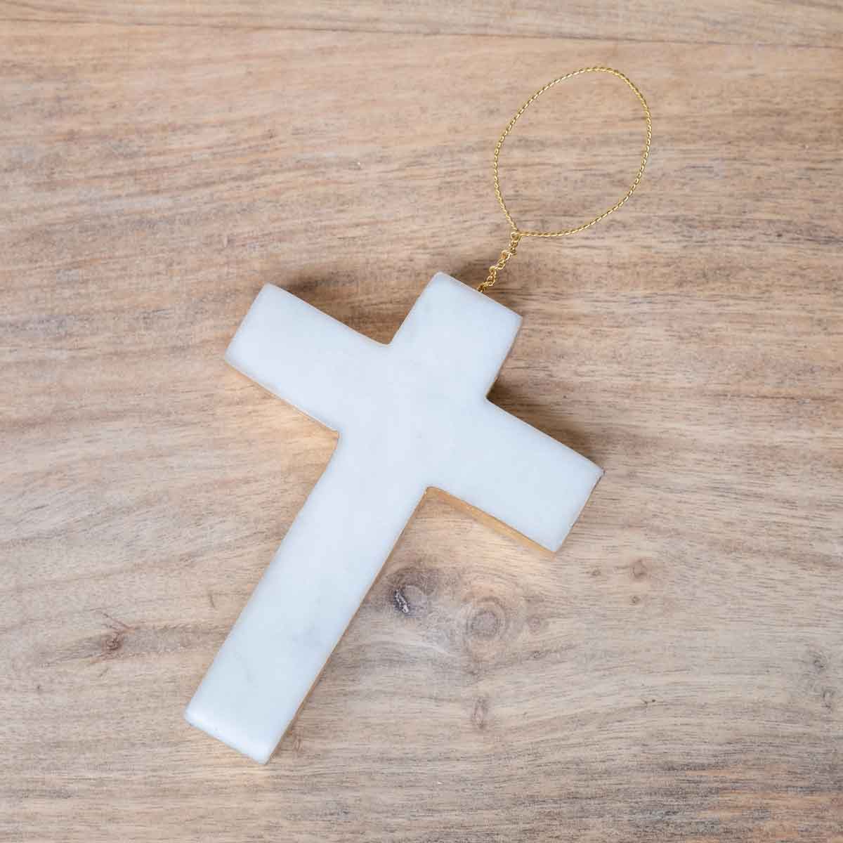 Cross Marble Ornament White/Gold 3x4x.6
