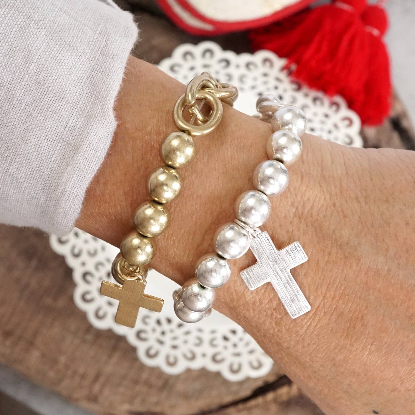 Chunky Chain and Beads Cross Bracelet Worn Gold Silver Tone