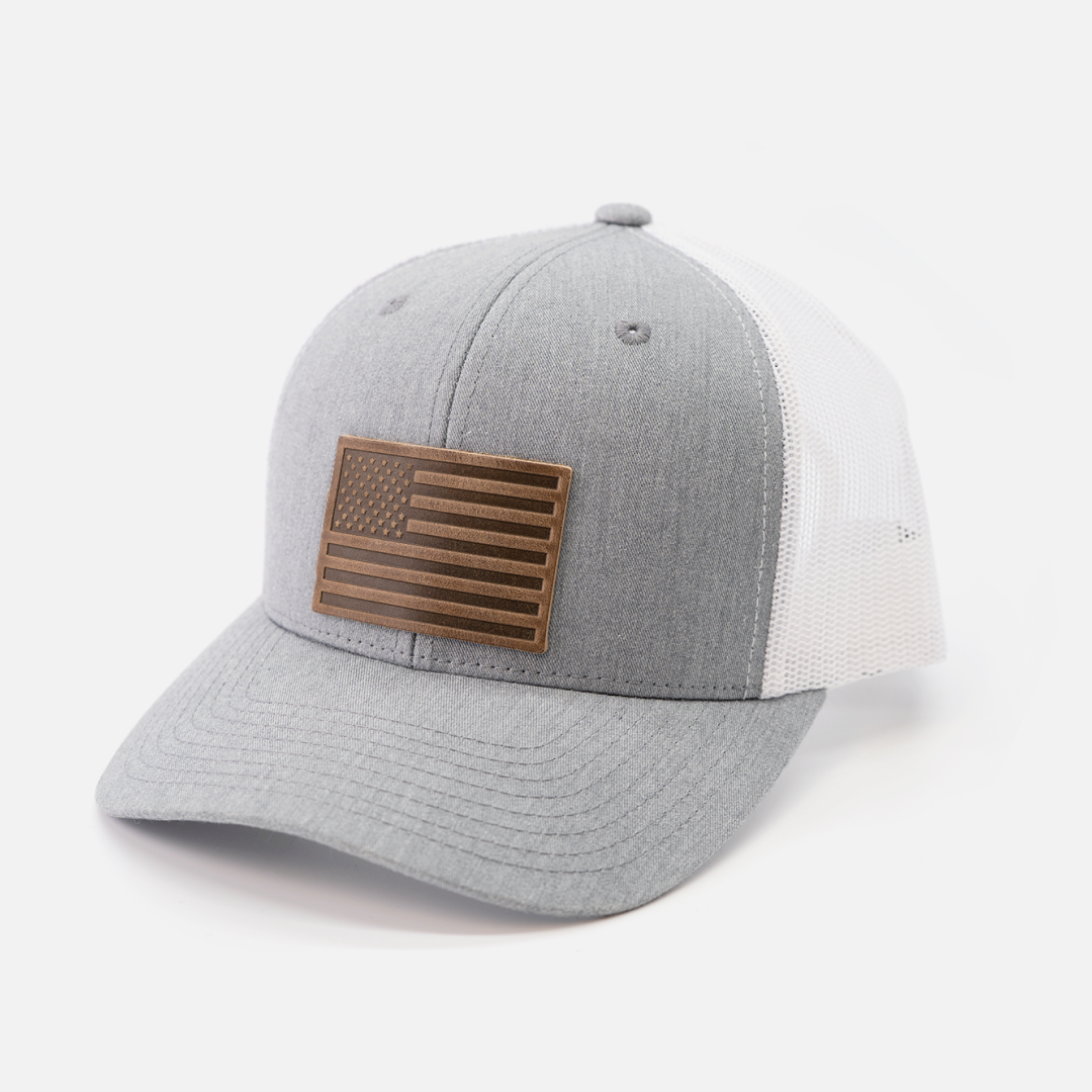 American Flag Hat - Leather Patch Trucker Snapback