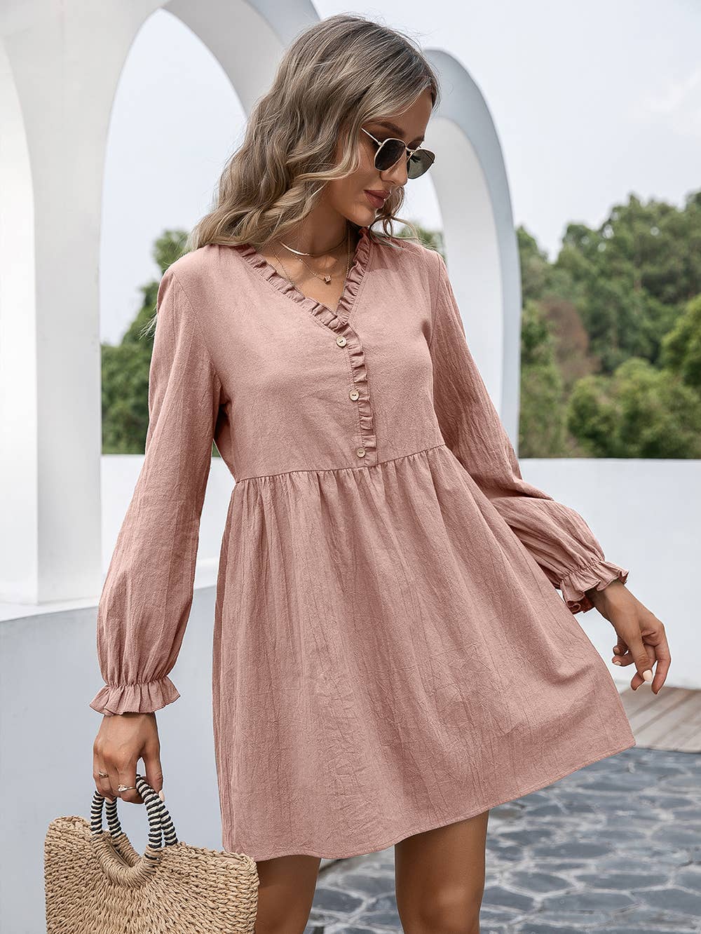 EP-DR8346 Baby Doll Ruffle Trim Dress