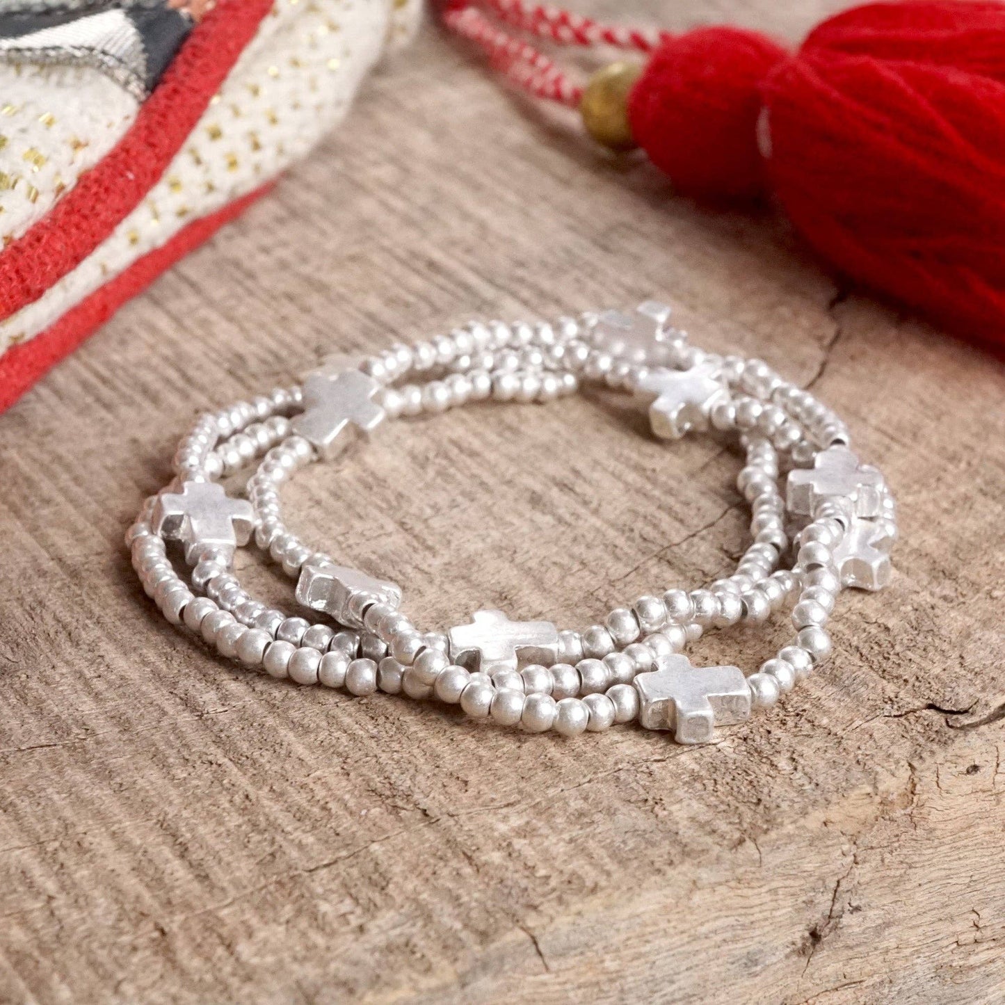 Mini Sideways Cross Bracelet Set Silver Tones