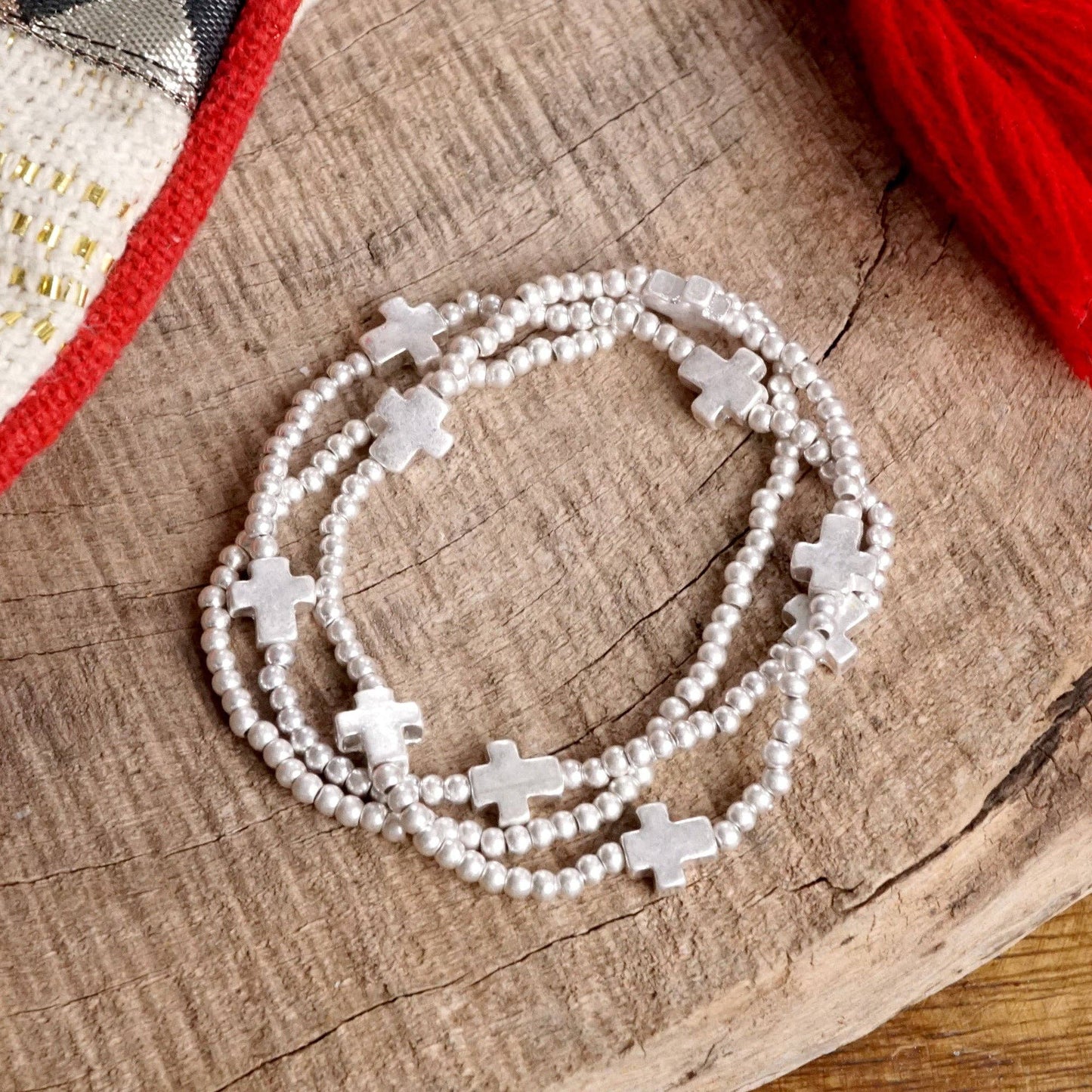 Mini Sideways Cross Bracelet Set Silver Tones