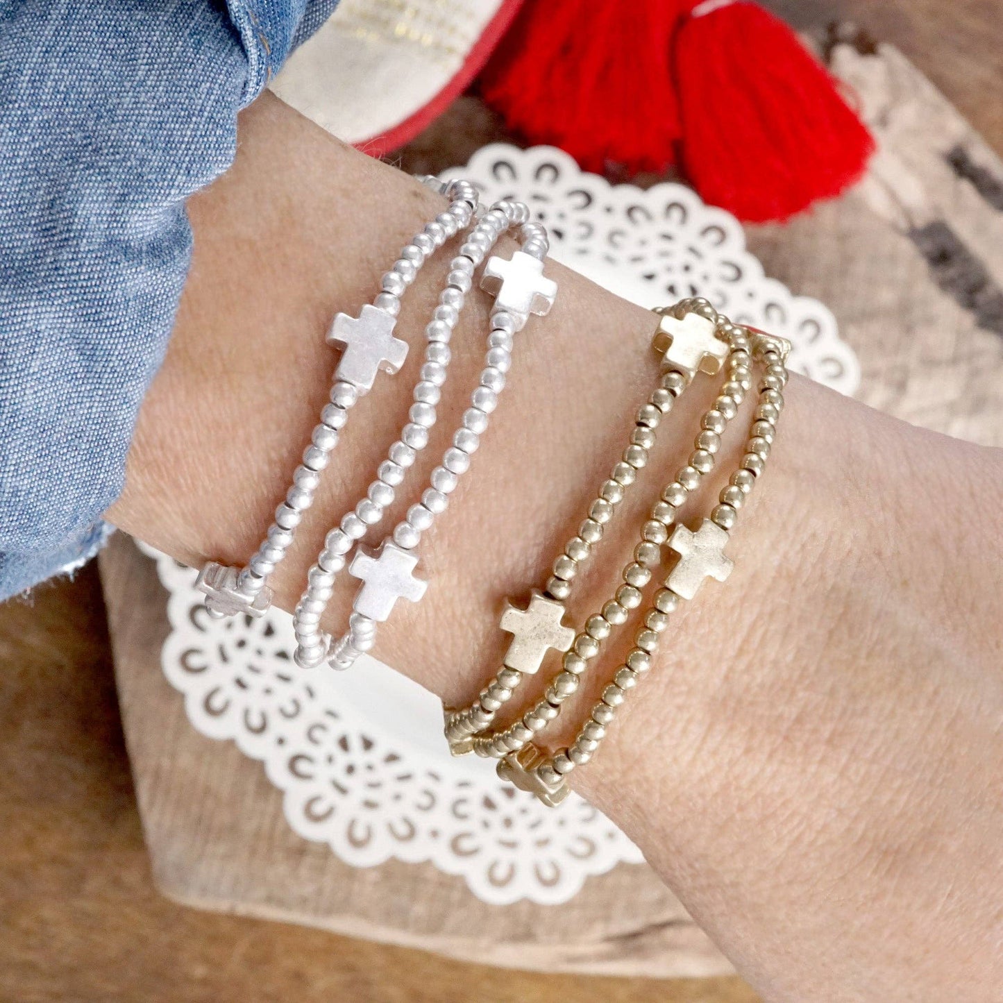 Mini Sideways Cross Bracelet Set Silver Tones