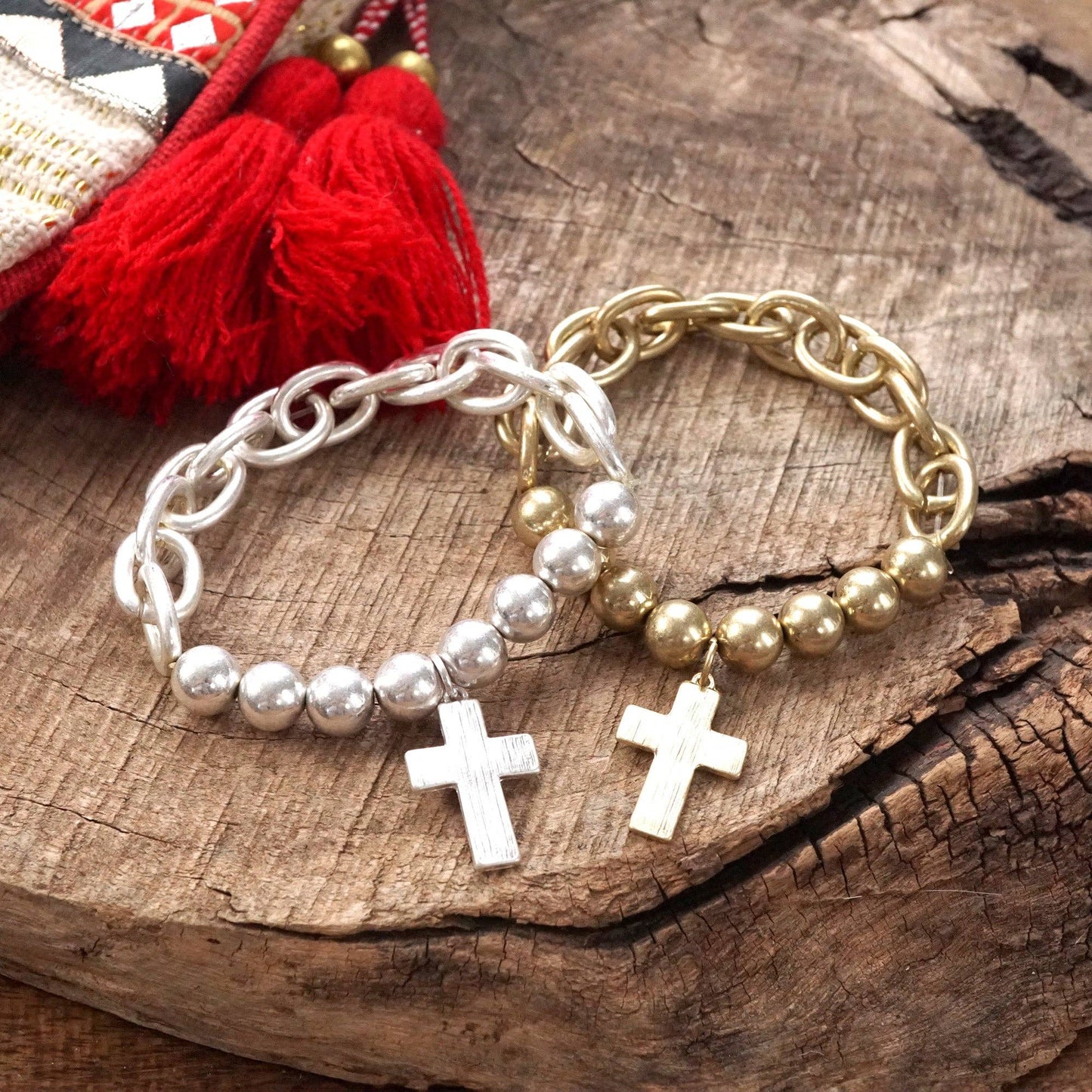 Chunky Chain and Beads Cross Bracelet Worn Gold Silver Tone