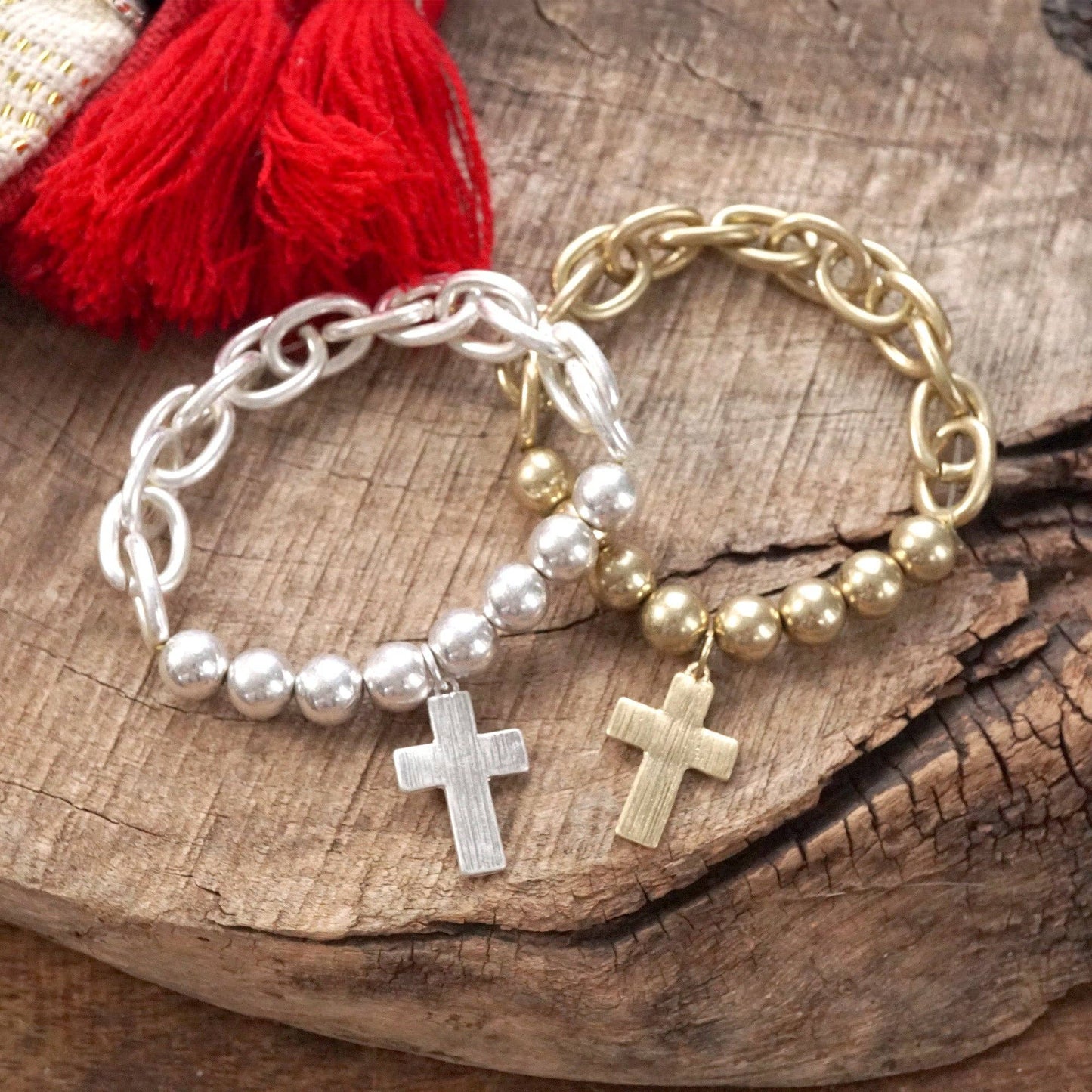 Chunky Chain and Beads Cross Bracelet Worn Gold Silver Tone