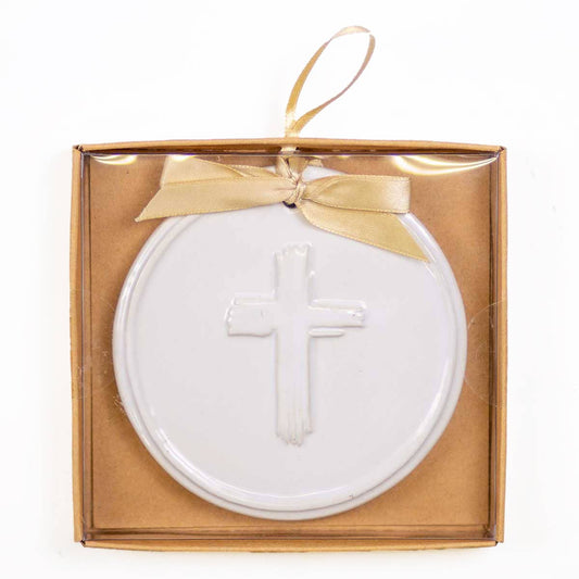 Cross Embossed Ornament   White   4"