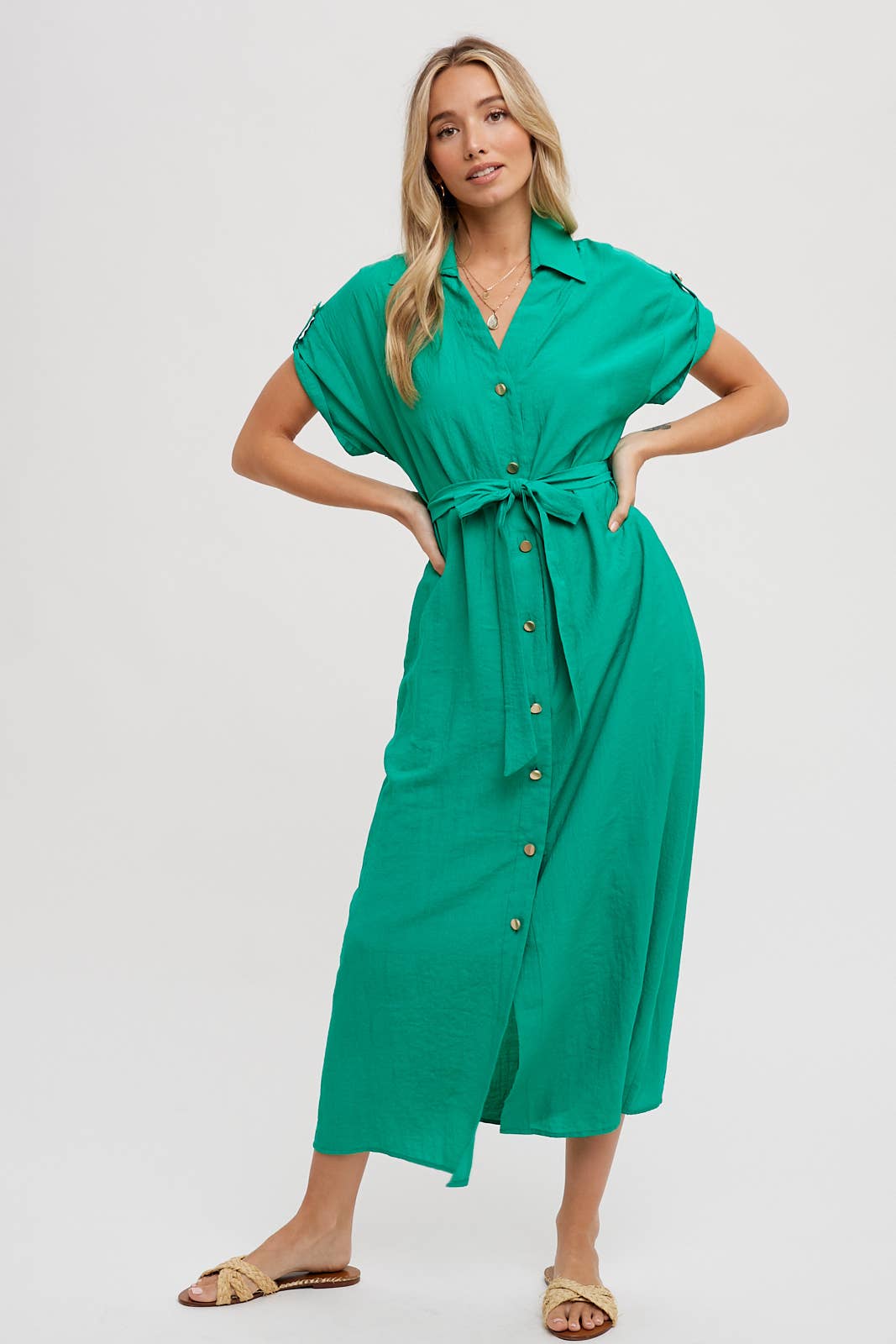 ROLL-TAB SLEEVE BELTED SHIRT DRESS