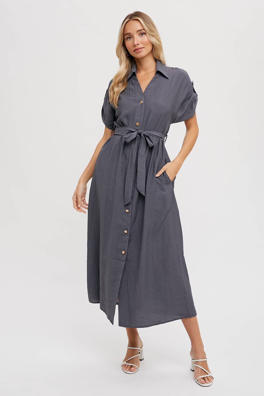 ROLL-TAB SLEEVE BELTED SHIRT DRESS