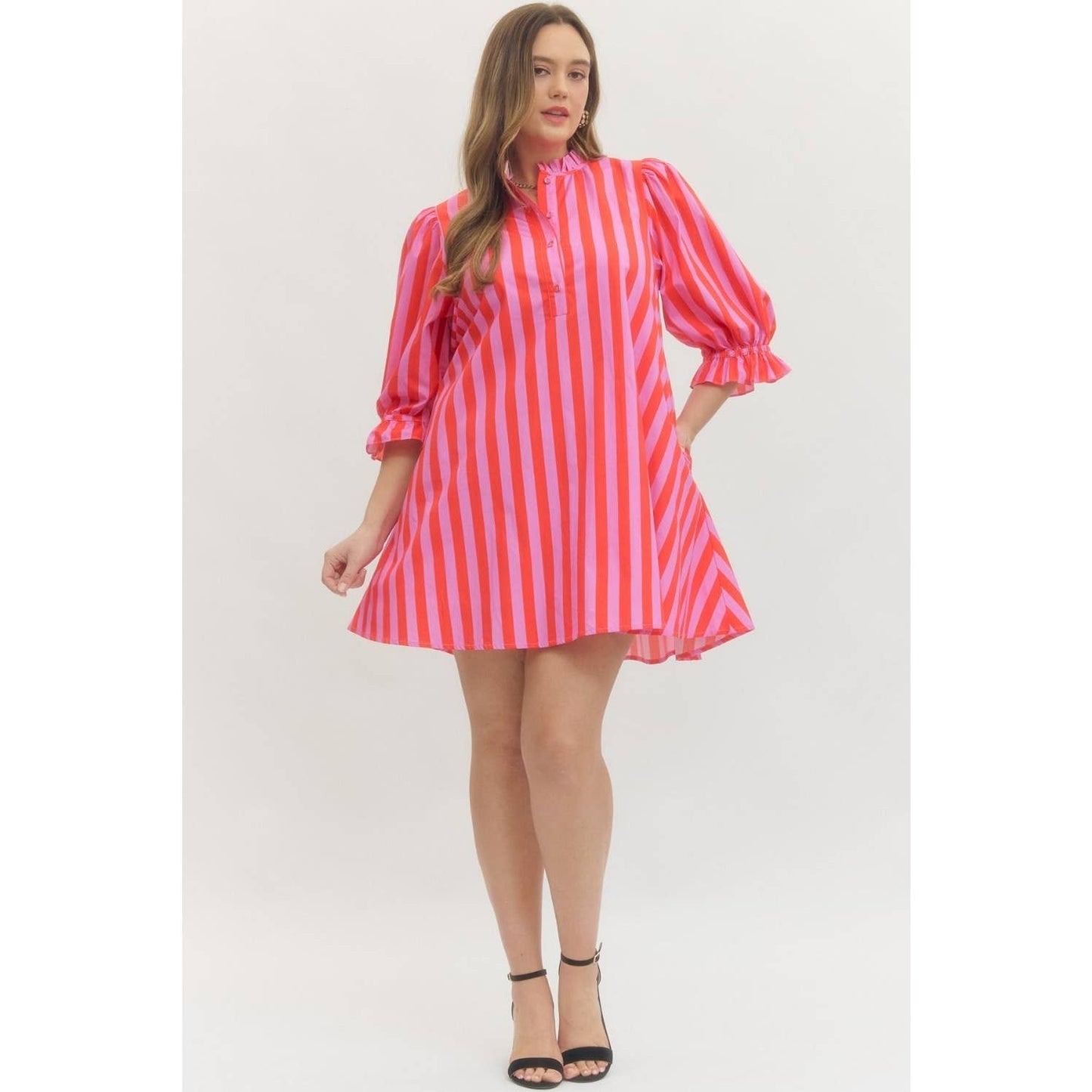 Style USA PLUS Striped puff sleeve mini dress