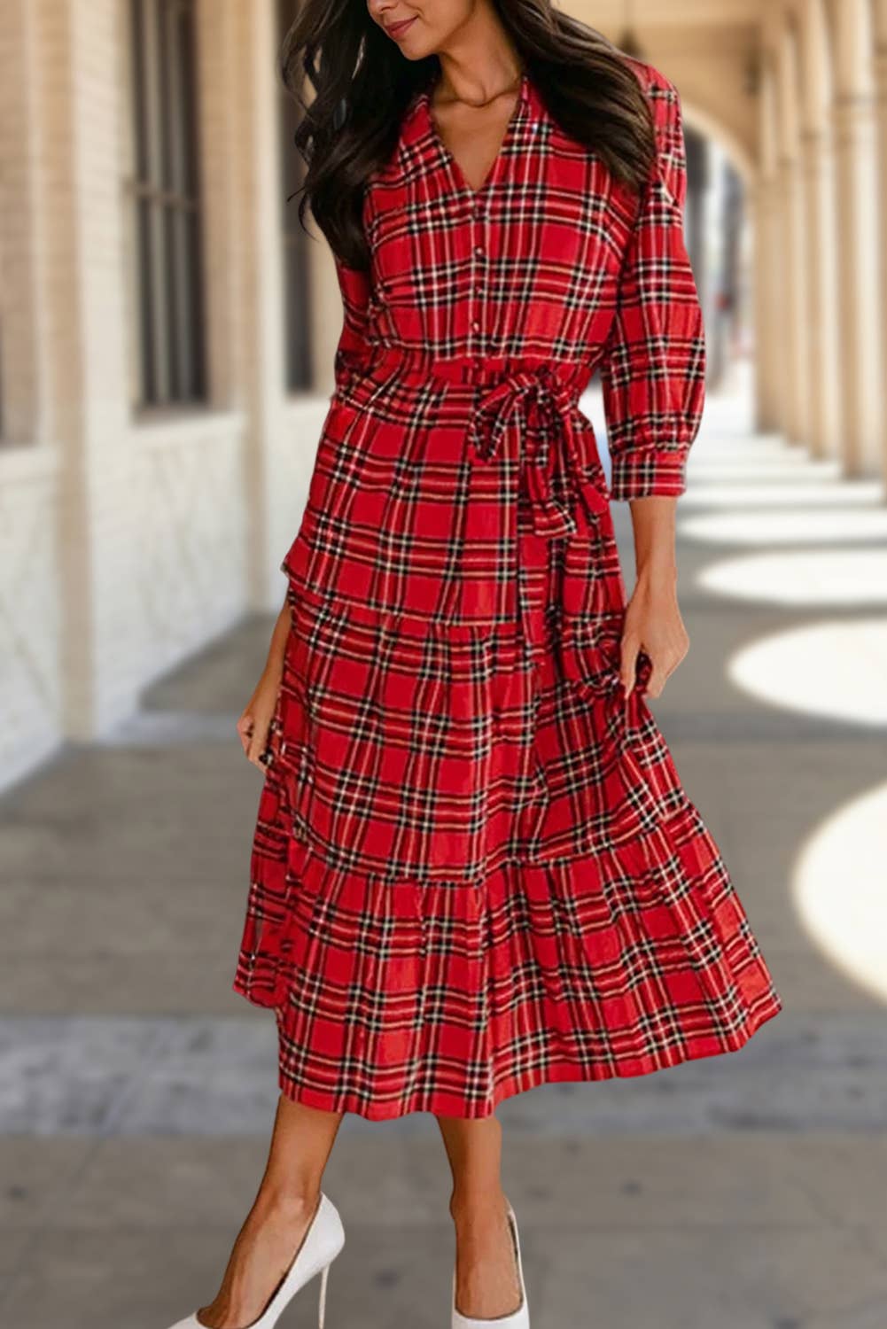 Christmas Plaid 3/4 Sleeve Ruffle Hem Midi Dress | S-XL