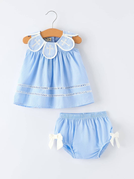 Blue Petal Peter Pan Collar Christening Girls Bloomer Set
