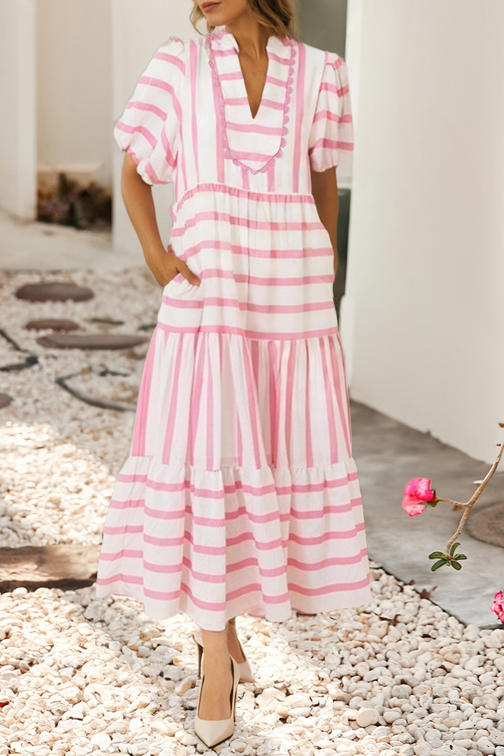 Stripe Ricrac Trim Notched Neck Dress
