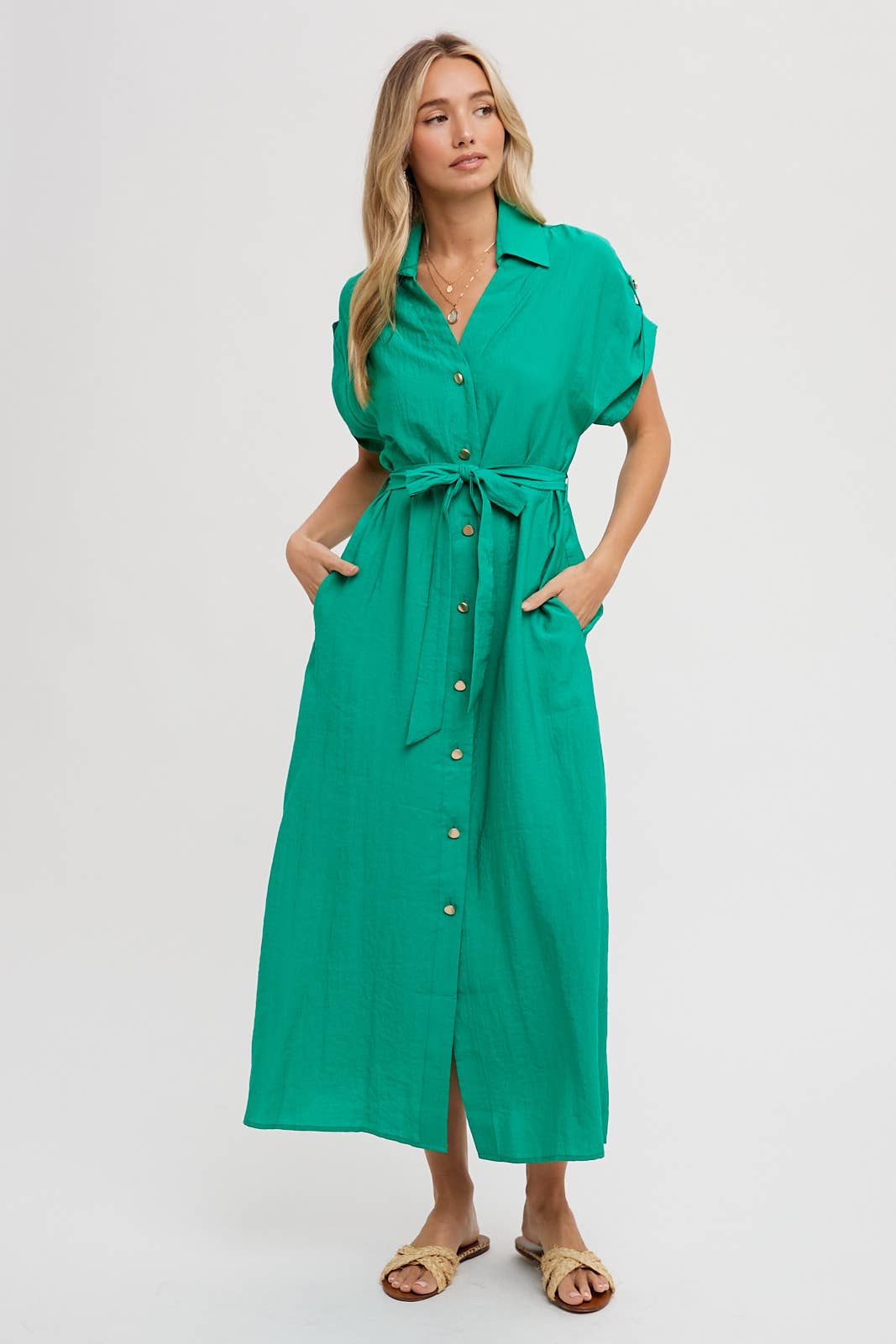 ROLL-TAB SLEEVE BELTED SHIRT DRESS