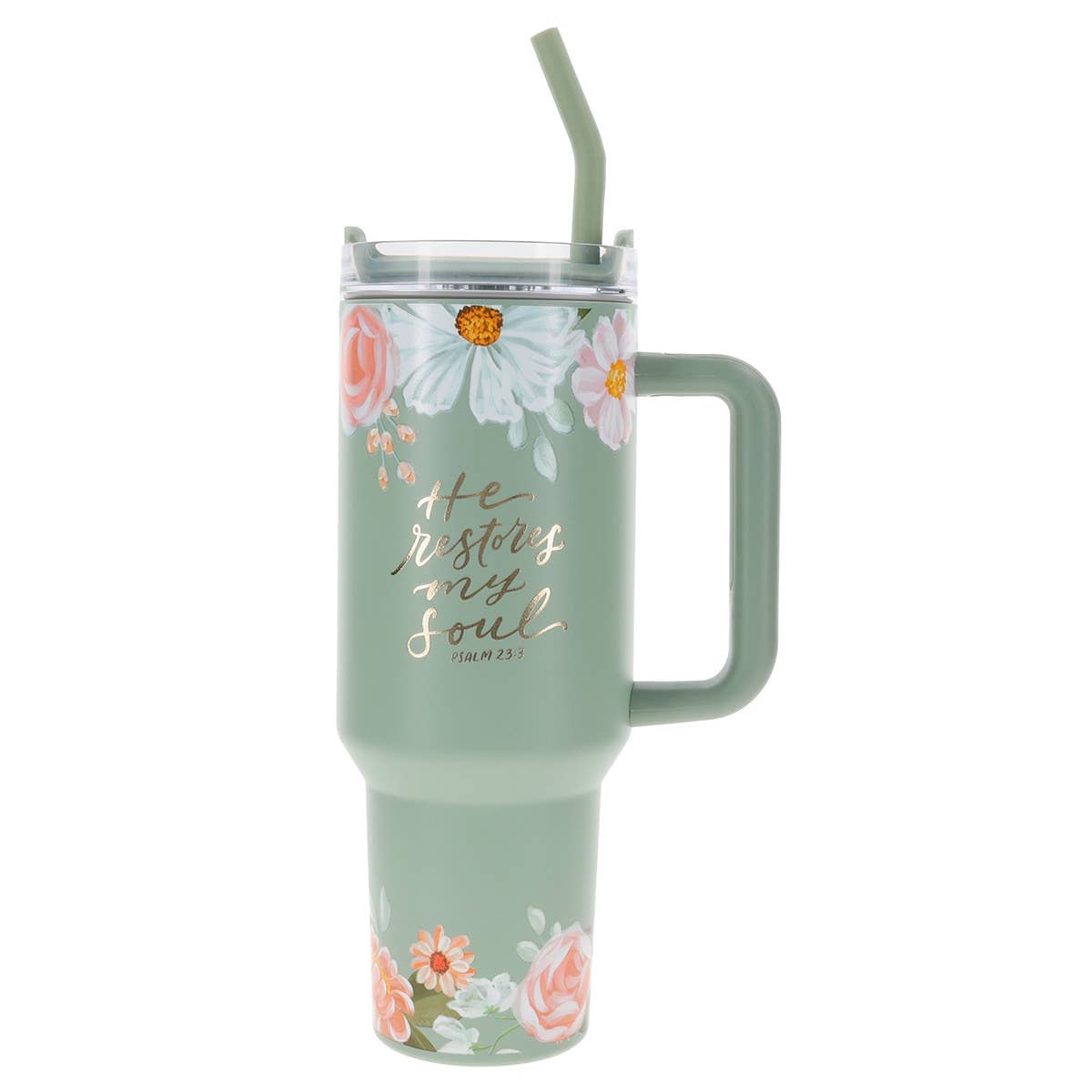 Tumbler w/straw SS Green He Restores my Soul Ps. 23:3