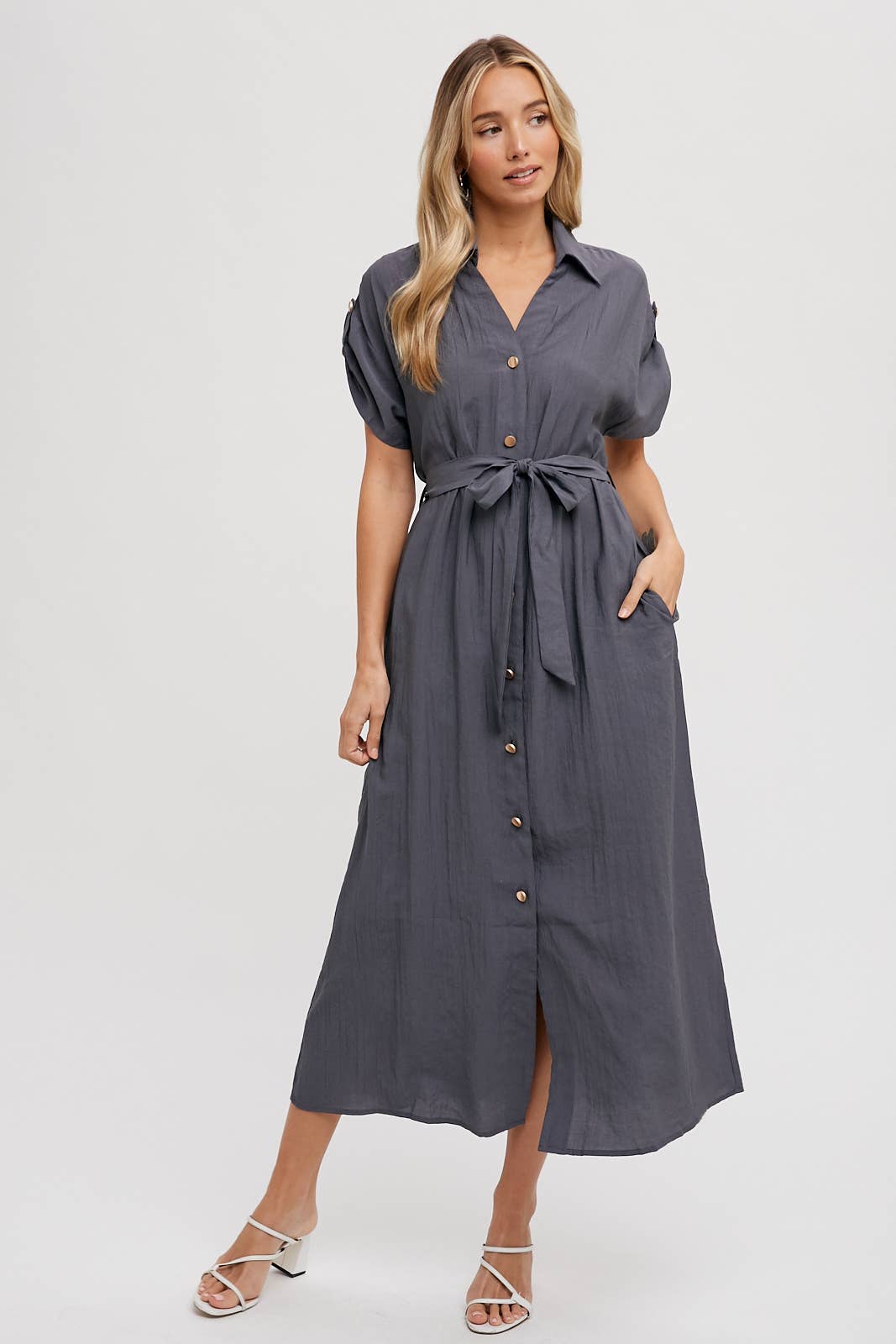 ROLL-TAB SLEEVE BELTED SHIRT DRESS
