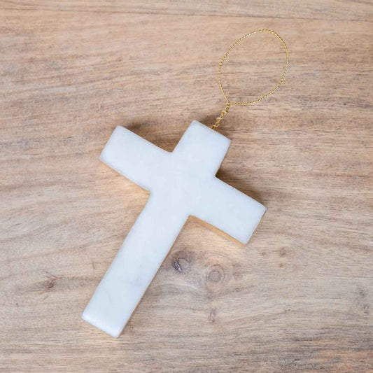 Cross Marble Ornament   White/Gold   3x4x.6