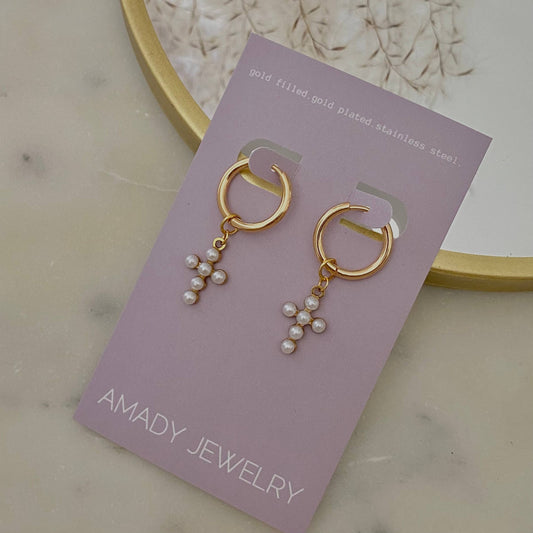 AMADY Cross hoops beaded imitation pearls 14k gold plated dangle
