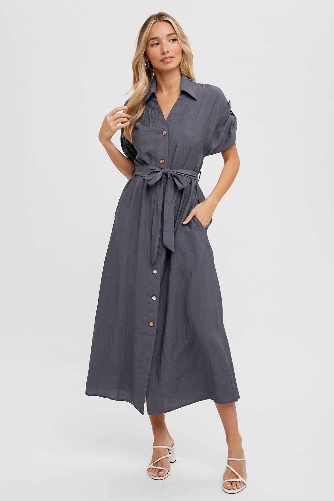 ROLL-TAB SLEEVE BELTED SHIRT DRESS