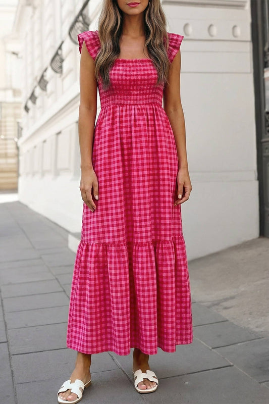 Plaid Print Square Neck Maxi dress | S-XL