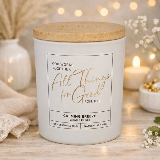 Glass Candle w/Bamboo Lid White God Works Rom. 8:28