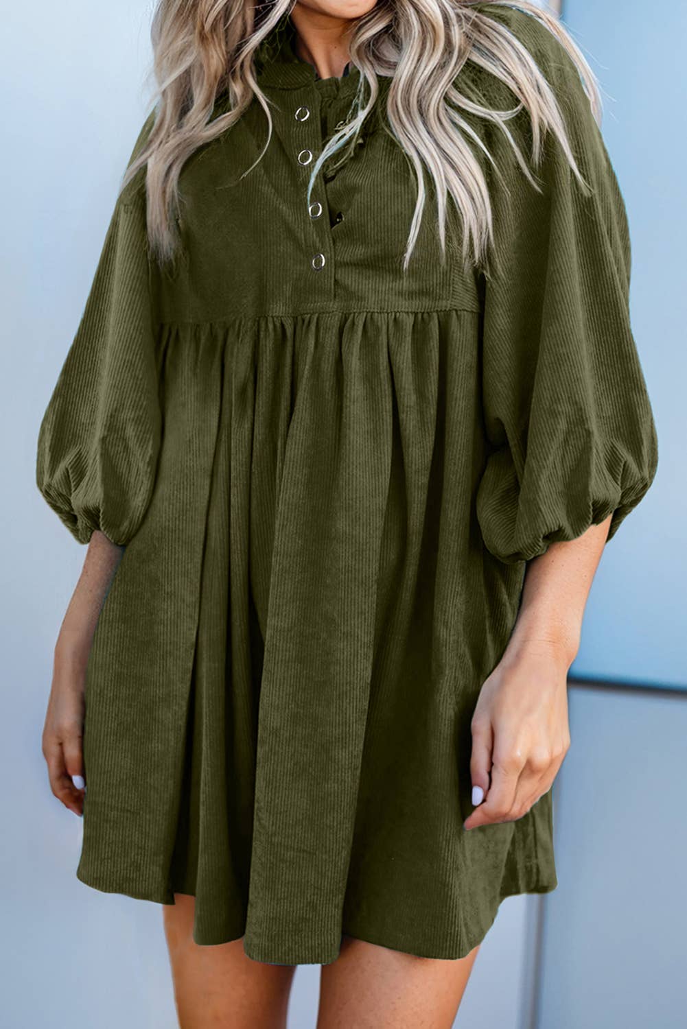 Corduroy Buttoned High Waist Bracelet Sleeve Dress | S-XL