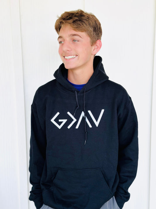 God is Greater Than The Highs And Lows Hoodie- Black and White