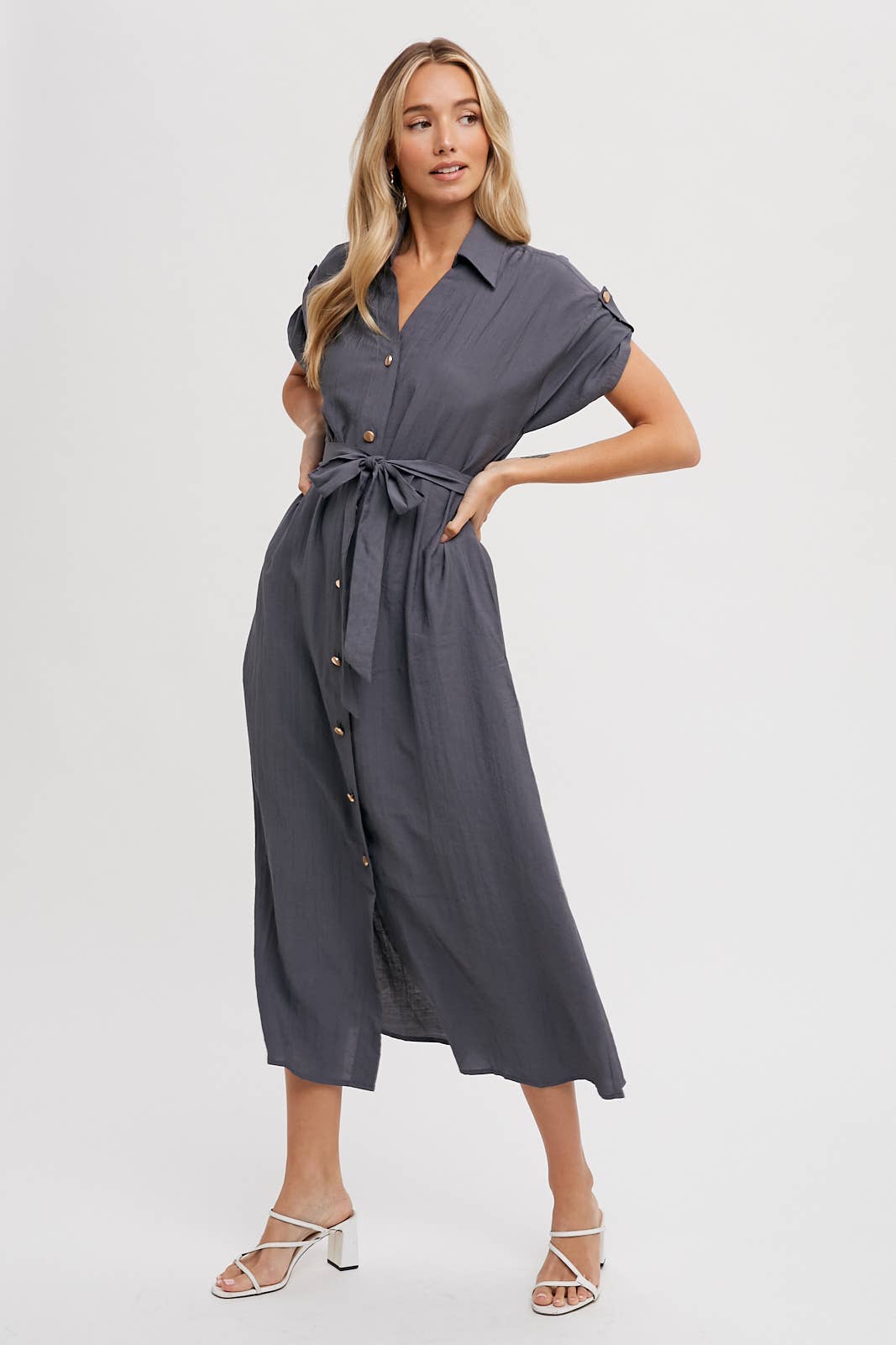 ROLL-TAB SLEEVE BELTED SHIRT DRESS