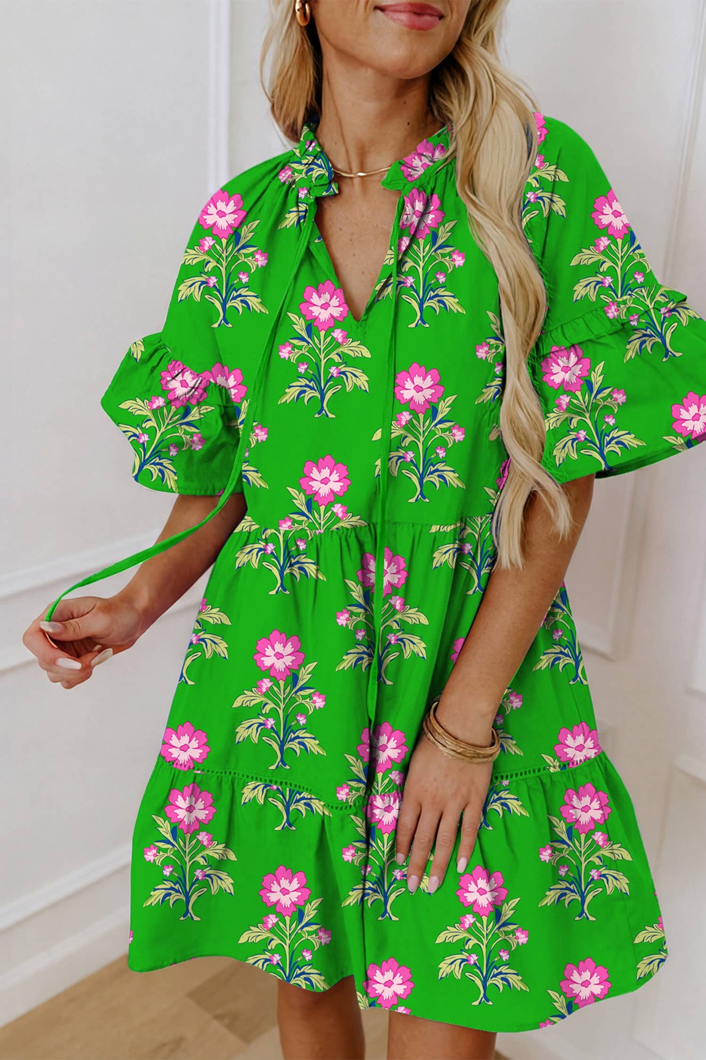 V Neck Short Sleeve Loose Flower Dress