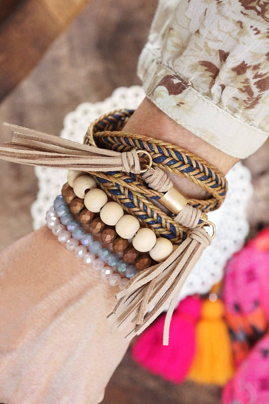 Boho Wrap Tassels and Beads Bracelet Stack in Dark Brown