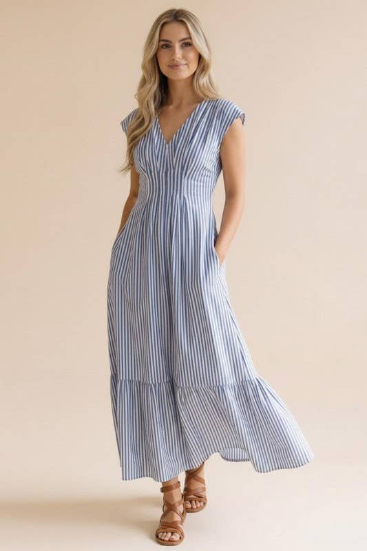Pleated Back Smocked Waist Stripe Woven Maxi Dress