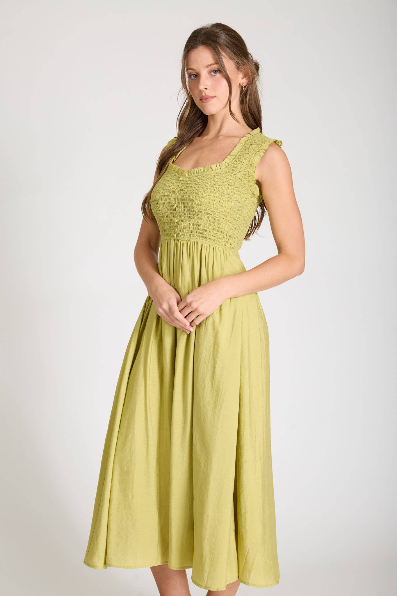 Blu Pepper SWEETHEART SMOCKED MOCK BUTTON MIDI DRESS