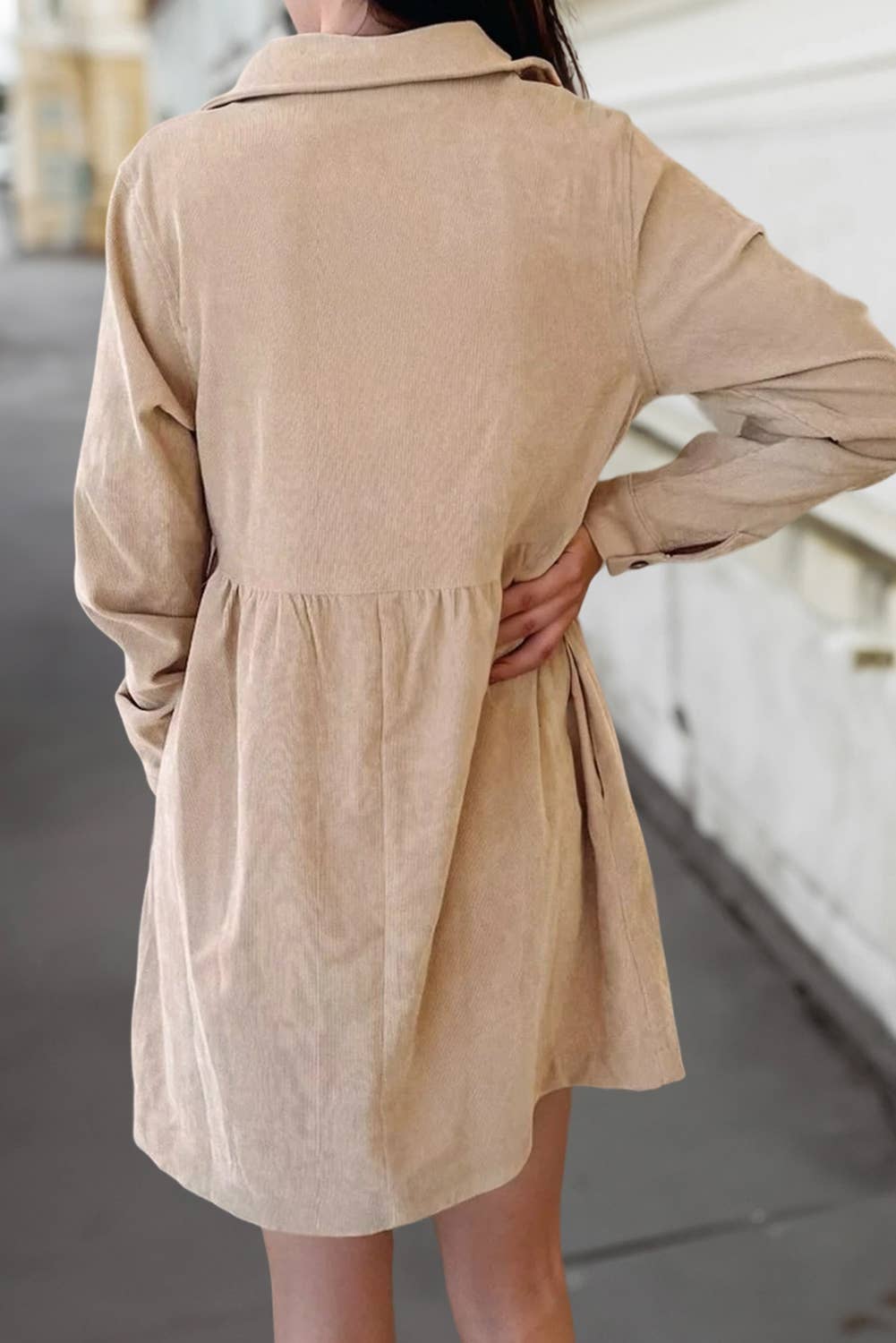 Corduroy Half Button Collared Long Sleeve Mini Dress | S-XL