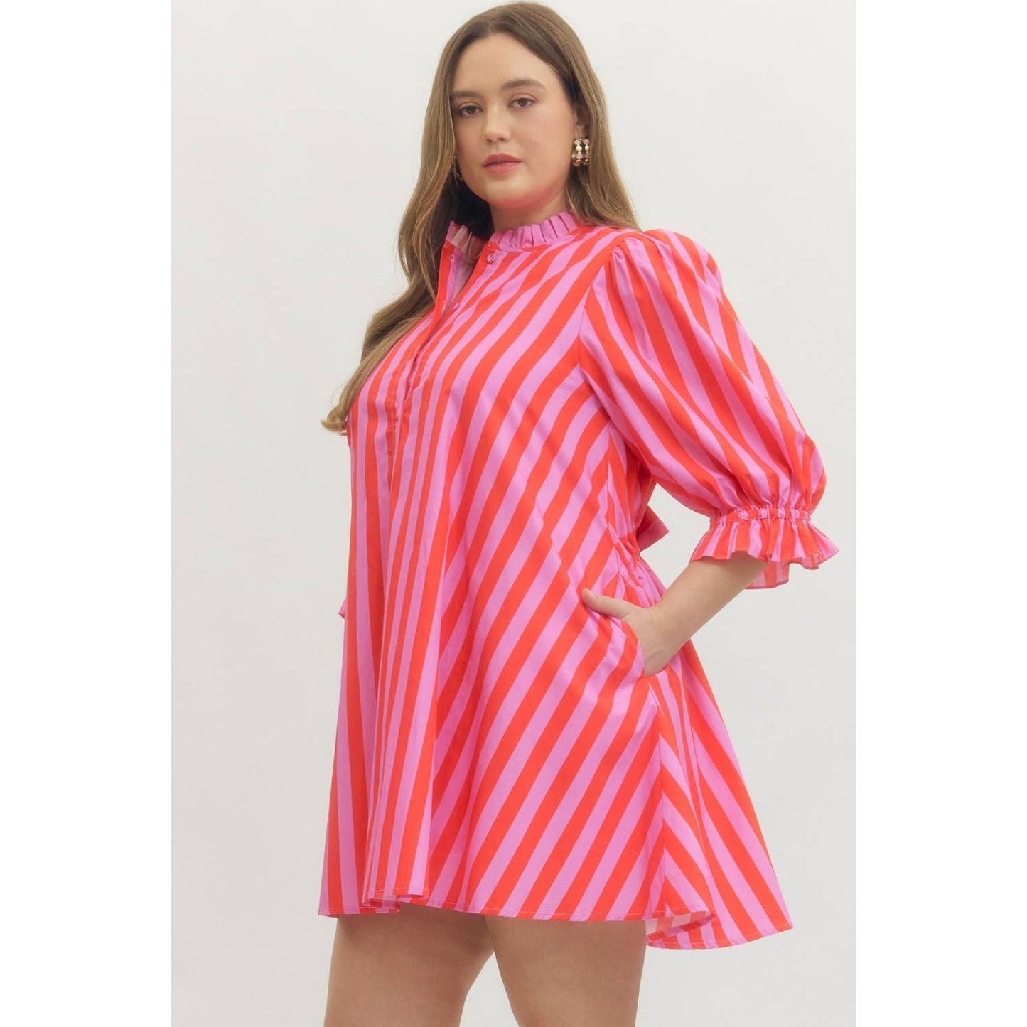 Style USA PLUS Striped puff sleeve mini dress