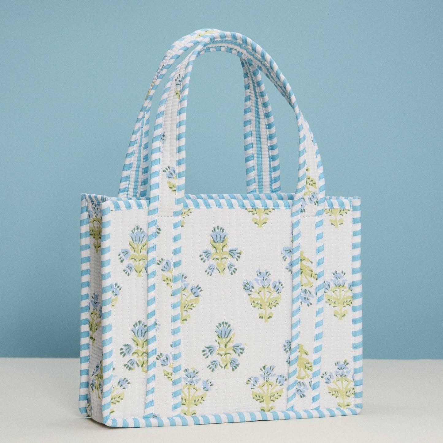 Stone & Stitch Light Blue Quilted Floral Mini Tote Bag