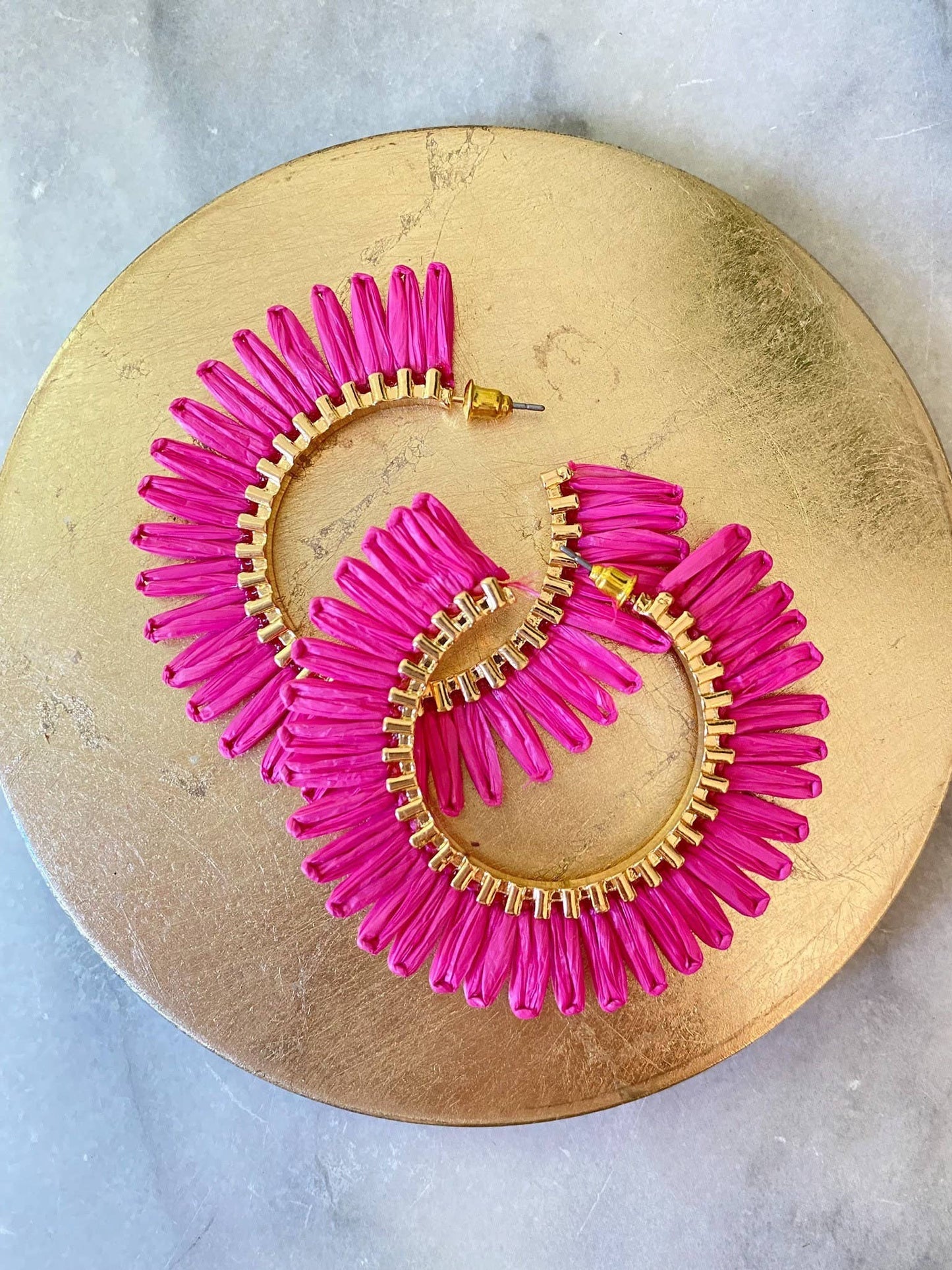 Magenta Hot Pink Raffia Hoop Statement Earrings