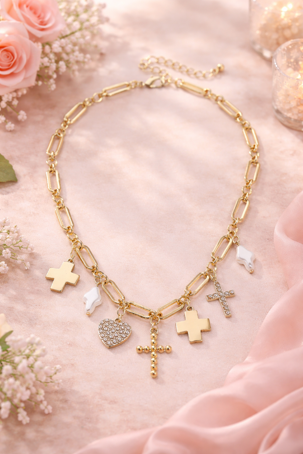 Abigail Multi Cross Charm Necklace in Shiny Gold