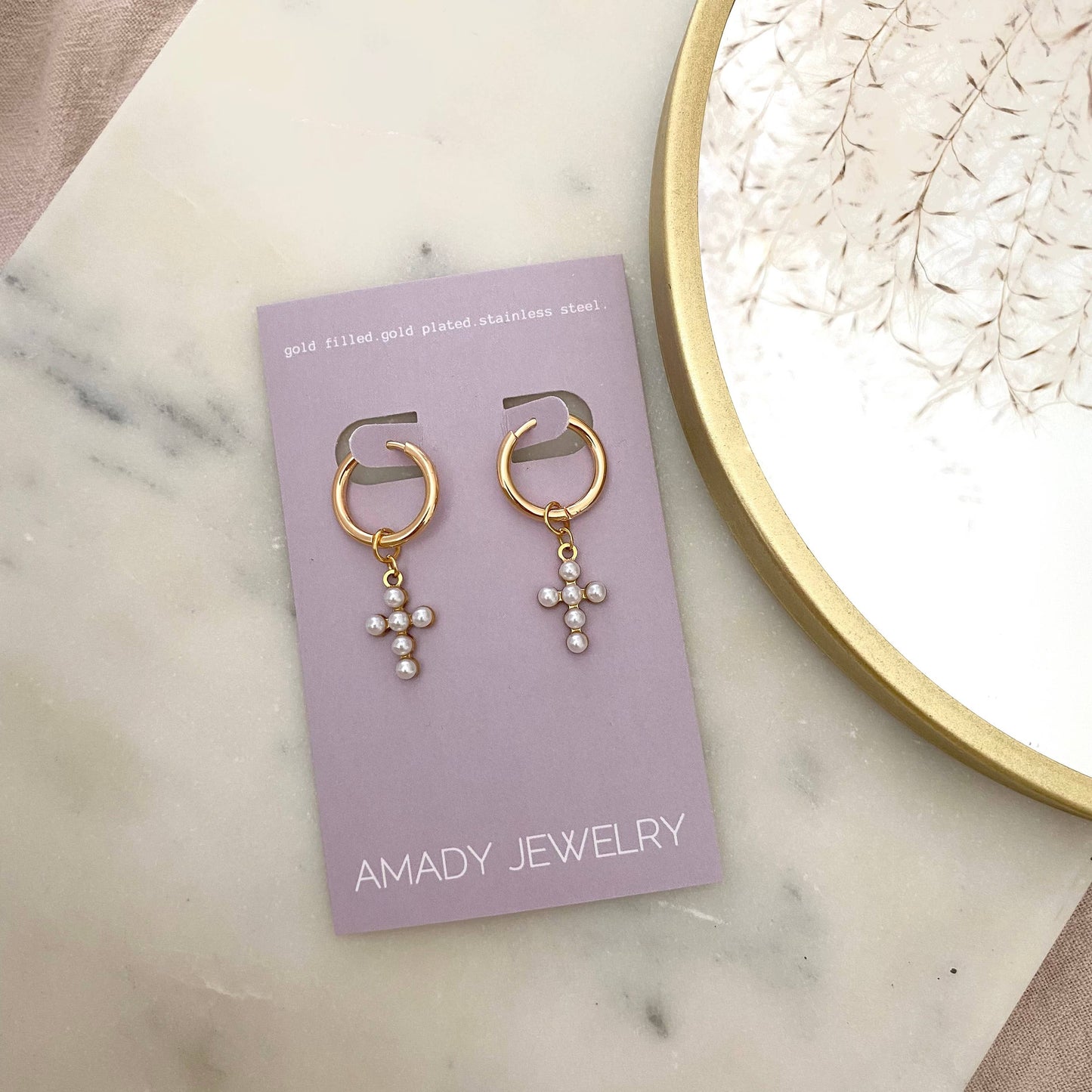 AMADY Cross hoops beaded imitation pearls 14k gold plated dangle