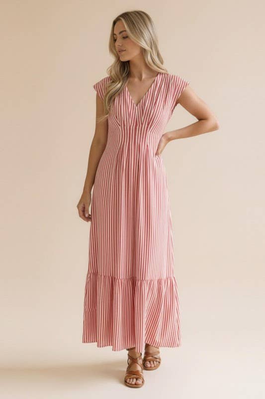Pleated Back Smocked Waist Stripe Woven Maxi Dress
