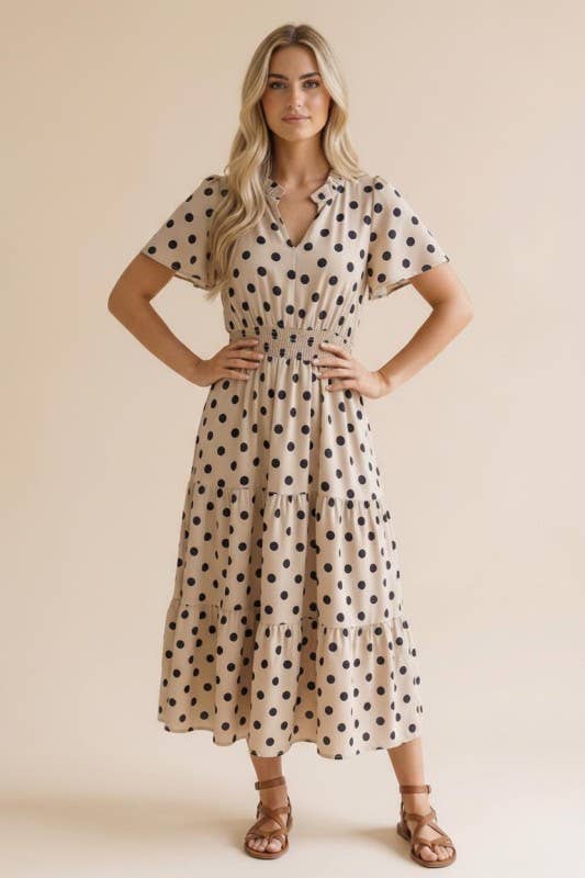 Polkadot Smocked Waist Tiered Maxi Dress