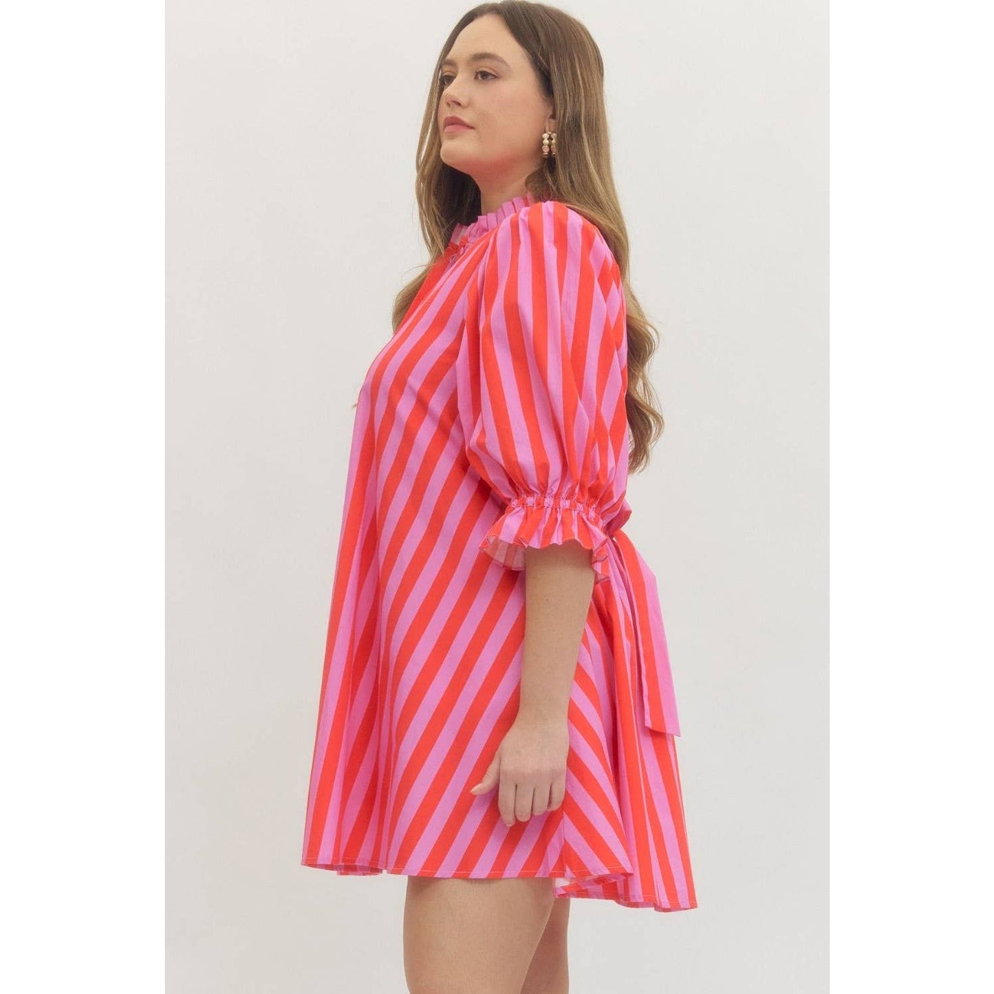 Style USA PLUS Striped puff sleeve mini dress