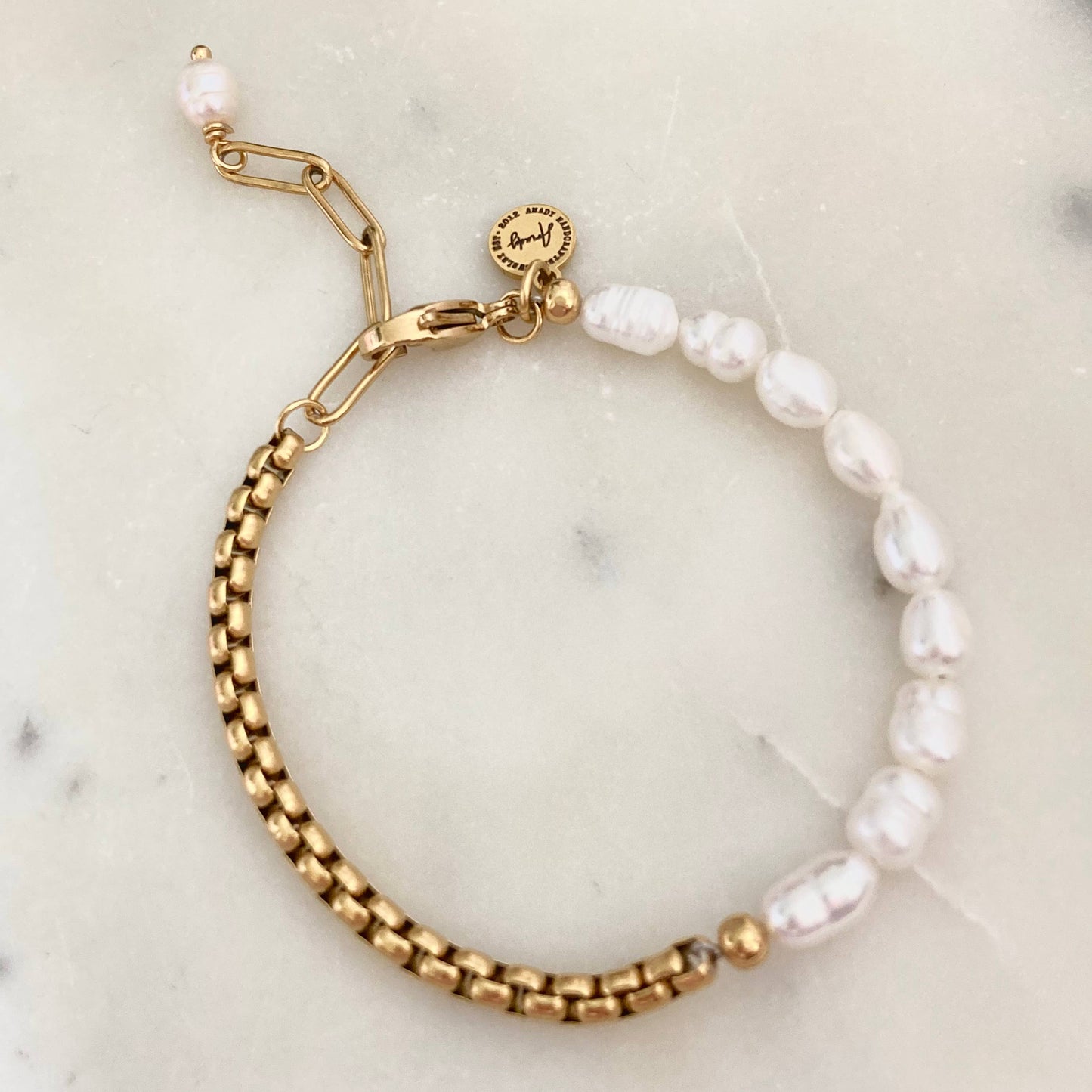 AMADY Pearls Bracelet Gold plated box chain adjustable