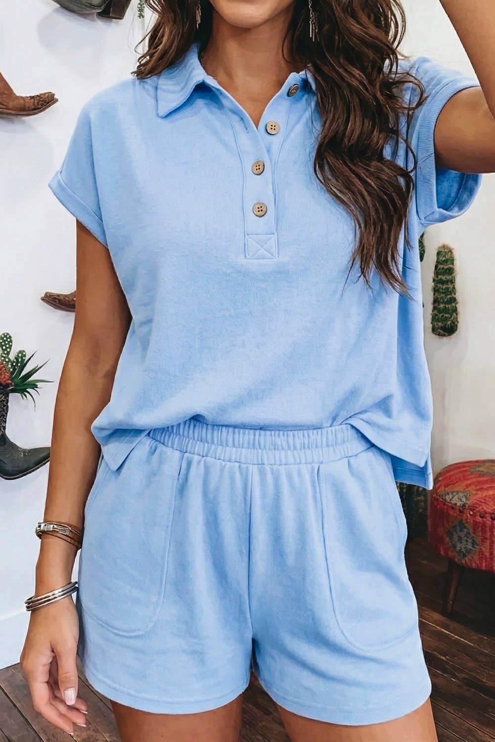 Blue Summer Solid Loose Polo Tee Elastic Waist 2pcs Short Set