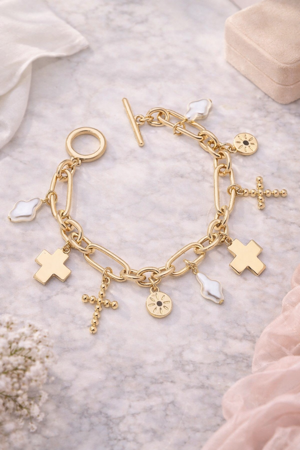 Abigail Multi Cross Charm Bracelet in Shiny Gold