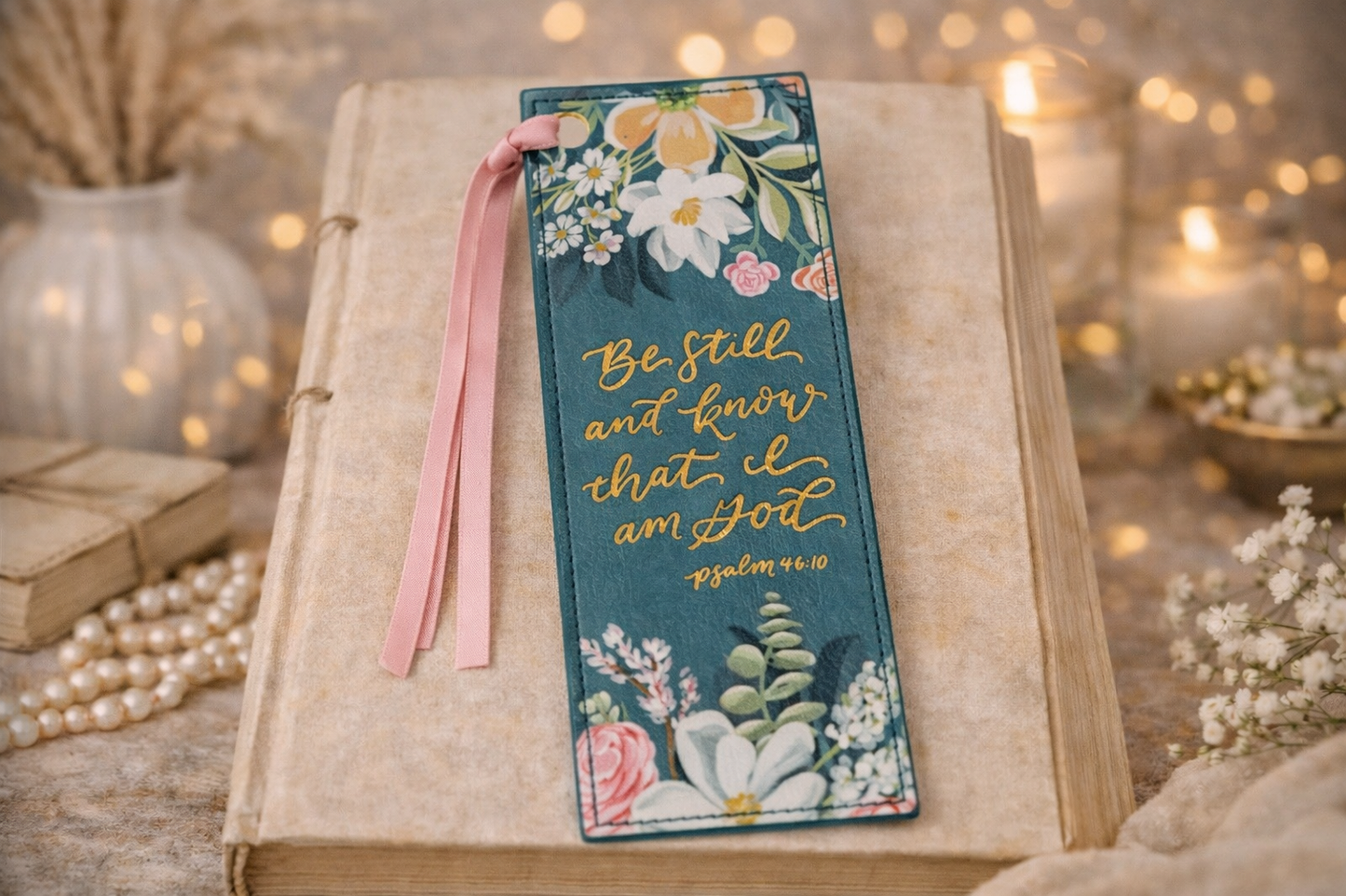 Bookmark Faux Leather Teal Be Still. Ps. 46:10