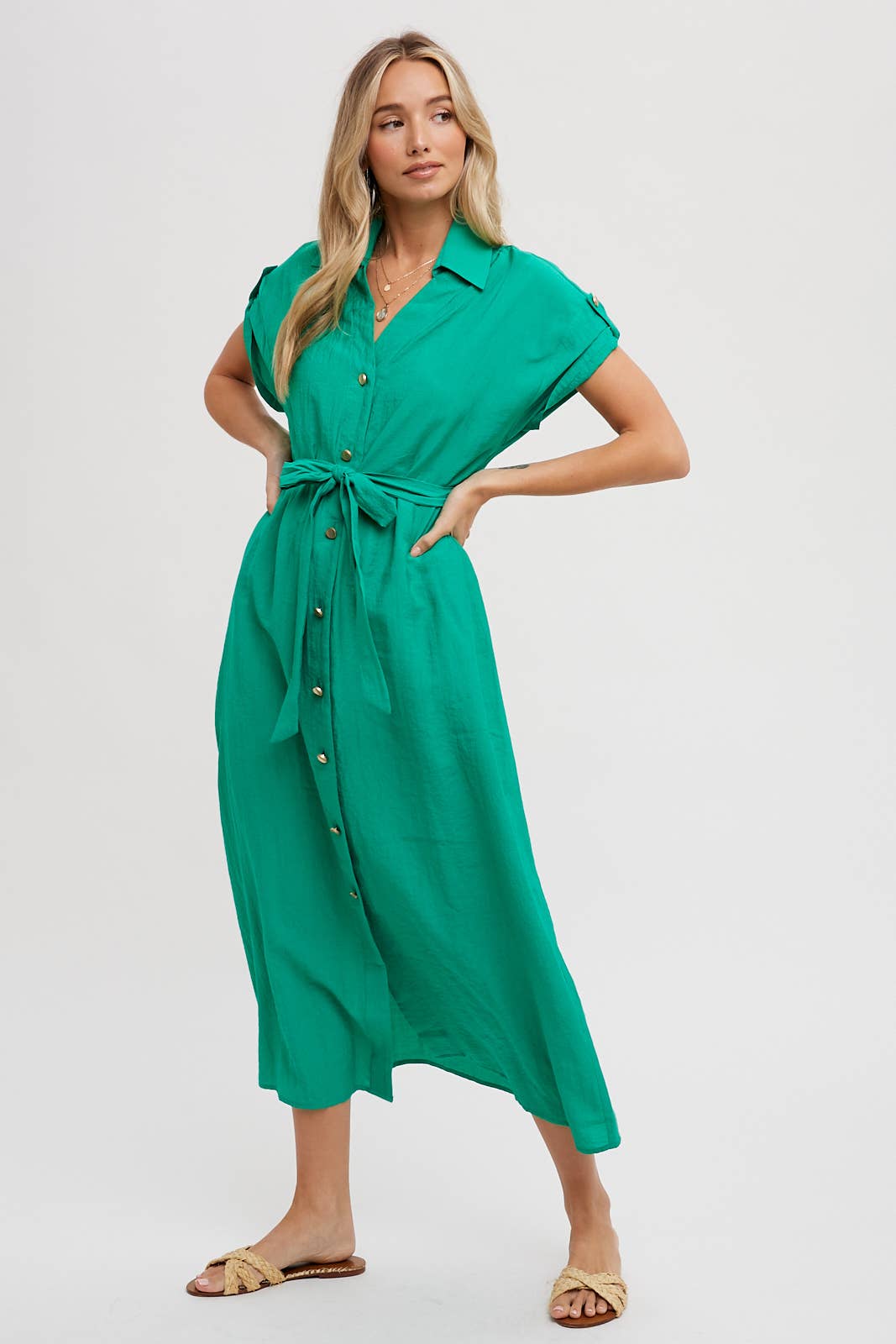 ROLL-TAB SLEEVE BELTED SHIRT DRESS