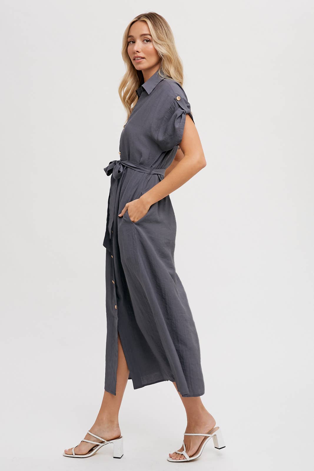 ROLL-TAB SLEEVE BELTED SHIRT DRESS