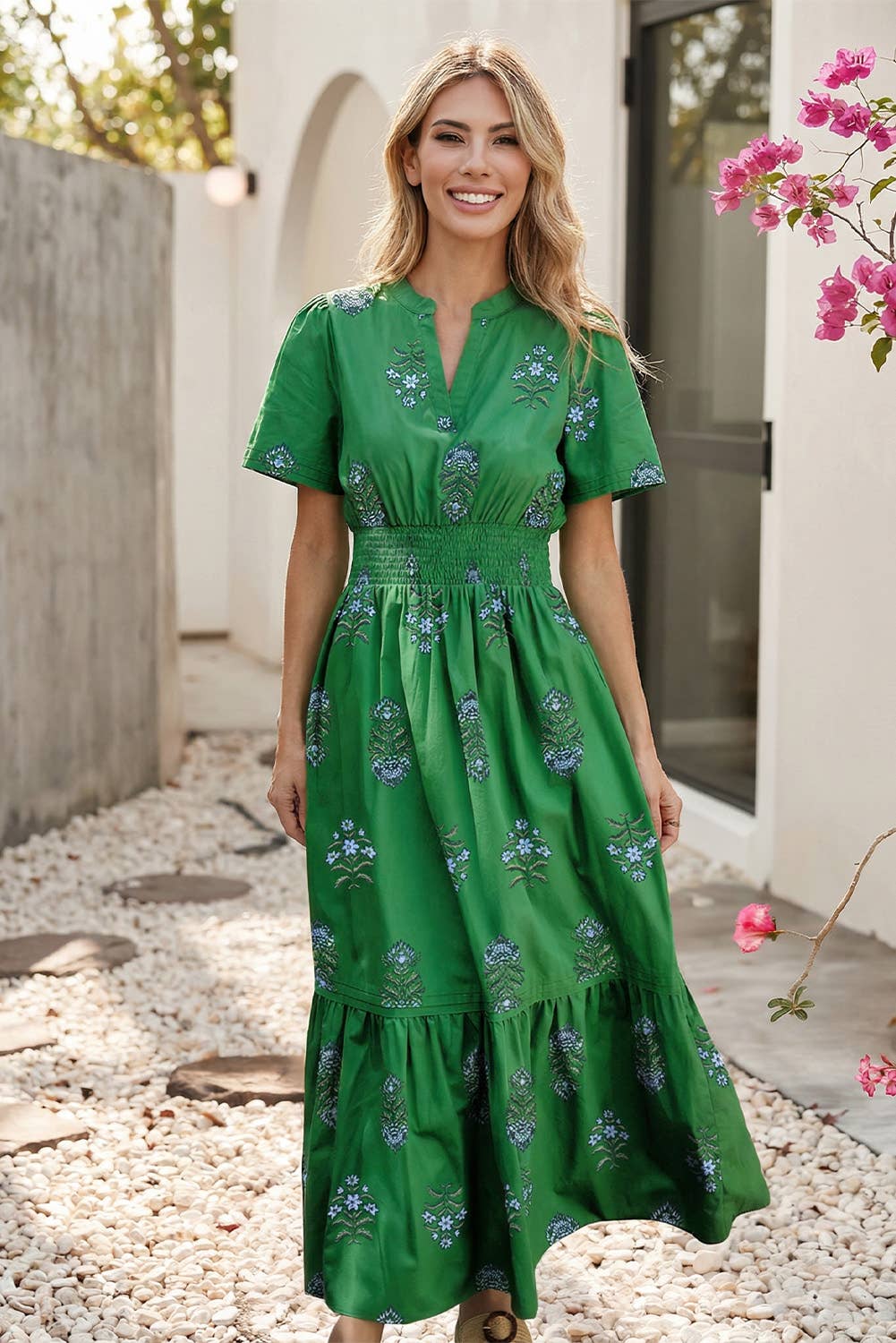 Shirred High Waist Ruffle Hem Maxi Dress