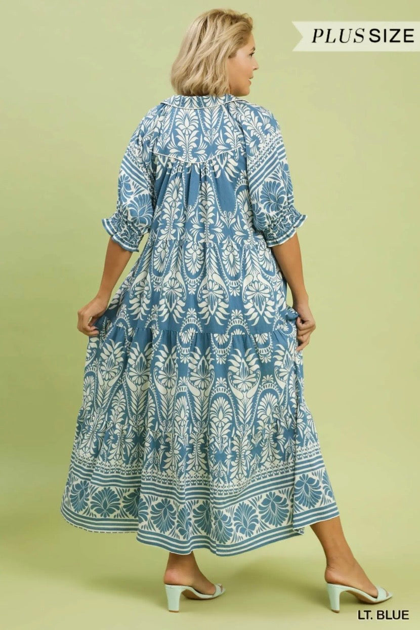 Two tone Border Print Midi Dress: Plus Size